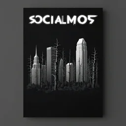 socialmodersist buildings in the midle dead forest, dark minimalistic background, poster