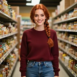 an insanely detailed realistic depiction of beautiful jodi from stardew valley happy smirk standing in the grocery store wearing burgundy sweater under blue denim jeans, auburn hair french braid, flawless makeup, pretty brown eyes, odette annable oval head, in the style of peter mohrbacher, artgerm, dramatic lighting and composition, octane render, trending on artstation, concept art 8 k