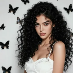 portrait of a beautiful woman with curly black hair and fierce eyes wearing white dress l black butterflies background, digital art, concept art, trending on artstation, deviantart, wonderful face, perfect skin shade, wlop, 8 k