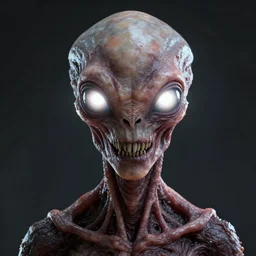 portrait of a space alien, meat monstrosity with teeth blender, octane render, eyes containing a piercing white bright white lights, realistic render, detailed, ugly, slimy unreal engine, symmetrical face, greg rutkowski and ruan jia, cinematic