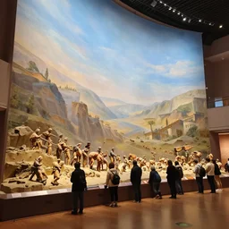 megalophobia!!!!! photo of an exhibit museum room, people looking at a big diorama depicting the full history of humanity, national art museum, scientific, perfect composition, ethereal, rule of thirds