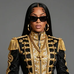 a wearing designer royal mantle as doja cat as cardi b wearing gold chain and sunglasses and gold hoop earrings by greg rutkowski by artgem trending on artstation hero concept art