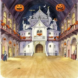 interior, a large hall in the castle decorated for halloween drawn by hayao miyazaki, watercolor illustration for a book