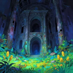 a beautiful hyperdetailed anime illustration of building abandoned catacomb by nicolas poussin, futuristic at night anime magic realism hyperrealism vaporwave studio ghibli thermal imaging meadow, archdaily, wallpaper, highly detailed, trending on artstation.