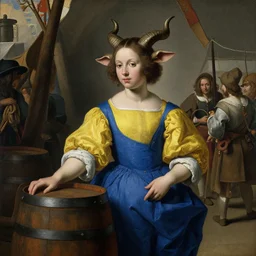 girl with brown hair, short horns, long animal ears, a yellow t - shirt and blue overalls, wearing a barrel in a medieval marketplace, baroque, art by johannes vermeer