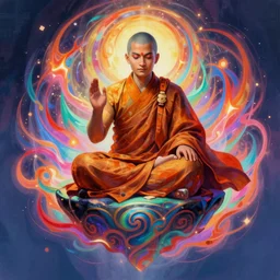 a floating monk, channeling swirling energy, wearing netrunner clothing, vaporwave aesthetic, colorful, psychedelic, digital painting, artstation, concept art, smooth, sharp focus, illustration, art by artgerm and greg rutkowski and alphonse mucha