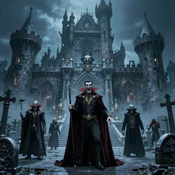 photo taken of an epic intricate, ultra detailed, super realistic very funny of a majestic gracious regal aristocratic nendroid vampires in a graveyard castle created by weta workshop and matt groening, menacing, wide angle, full body shots, photorealistic, sharp focus, gloomy, extremely cold blueish colour temperature, 3 5 mm, f 1. 4