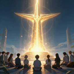 zeta cohort gathering in a virtual realm around a huge zeta monument, radiant light, concept art, epic zeta symbol statue, by craig malismo