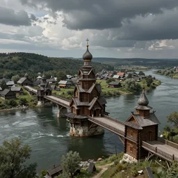 ancient long fantasy demonic dam, bridge, enclosed palisaded, with demon wooden churches, log houses built along the wide river, slavic, russian, slovenian, tartarian architecture, gray skies, hyper - detailed, artstation, cgsociety, 8 k