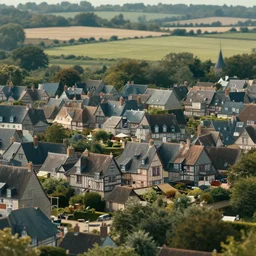 artwork of the cinematic view of normandy with half - timbered houses in by marc davis, landscape, aerial view, depth of field, trending on artstation, background, nature, fields
