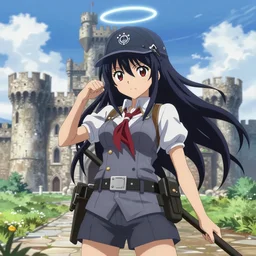 Ryuko from Kill La Kill Fighting the Wehrmacht German, Castle, Day Halo Ring Ryuko from Kill La Kill fighting the Wehrmacht in the style of Masamune Shirow