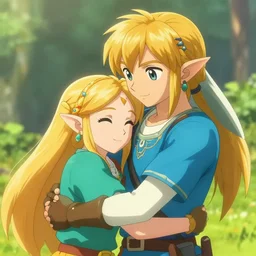 young link and older zelda hug each other