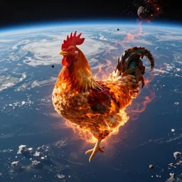 a flaming chicken asteroid flying through space burning hitting earth's atmosphere, photograph from space, planet earth extinction event