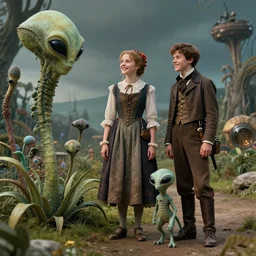 detailed, sharp, a girl and a boy standing next to some strange alien plants, looking happy, wearing 1850s era clothes, their small pet alien creature is standing nearby, in a park on an alien planet, steampunk, extremely highly detailed, hyperrealistic, highly detailed faces, 70 mm still from a period sci fi movie, HD, 4k, cinematic