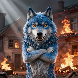 anthropomorphic blue wolf rantsona with arms crossed in front of burning orphanage, cinematic composition