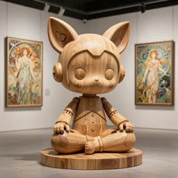 3D octane render ultra 8K photorealistic hyperdetailed unreal engine ,a wooden sculpture ,art toys on feet ,very cute robot mystic virgo with bird and cat ears heroic pose ,zen meditation ,cyberpunk ,concept art ,trending on cgsociety ,artwork masterpiece , a on contemporary art gallery and néo Paris by Alphonse Mucha and Robert Crumb