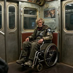 movie poster of old homeless disabled cyborg in cape, sitting in dirty cyberpunk subway car, detail, made by ilm and weta digital, painted by thomas eakins, highres textures, ambient occlusion, volumetric light, raytracing