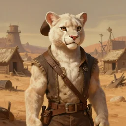 fursona commission of a anthro albino mountain lion wearing old-timey miner's clothes. pretty, beautiful, DnD character art portrait, matte fantasy painting. Desert mining town. DeviantArt Artstation, by Jason Felix by Steve Argyle by Tyler Jacobson by Peter Mohrbacher, cinematic lighting