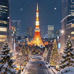 beautiful and detailed illustration of tokyo with many lights and lens flares, snowy winter christmas night