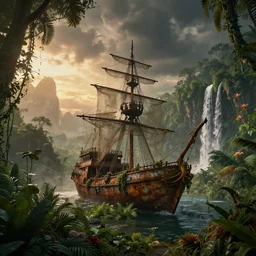 a rusty ethereal ghost ship in a prehistoric jungle, lush flora, waterfall, mountains, dark towering clouds, flowers, vines, sunset, hazy, volumetric lighting, rtx on, washed out colors, an award winning digital render, beautiful, stunning, ultradetailed, great composition