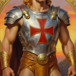 He-Man!!!!!, close up, filmation!! ,sci fi,fantasy, intricate, german iron cross chest armor ,elegant, loin cloth ,highly detailed, oil painting, artstation, concept art, matte, sharp focus, illustration, dramatic, sunset,hearthstone, art by Artgerm and Greg Rutkowski and Alphonse Mucha