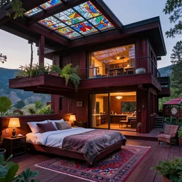 award winning design master bedroom of an all black psychedelic modern ecopunk frank lloyd wright beach house mansion made entirely of redwood in the mountain valley of colorado during sunset with soft lamp light, lots of plants and stained glass ceilings and persian rugs