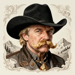 stephen fry, cowboy, big blond moustache, blond hair, black stetson hat, moutain in background, intricate, elegant, highly detailed, sharp focus, illustration, mandy jurgens, rutkowski, bouguereau