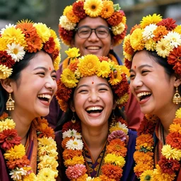 talking heads laughing, flowers encircling the heads, color restoration, vibrant, sacred, liminal