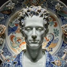 Frankenstein , A Close up photo-real delicate ceramic porcelain sculpture of a symmetrical ornate detailed in front of an intricate background by Victo Ngai and takato yamamoto, micro detail, backlit lighting, face in focus, subsurface scattering, translucent, thin porcelain, octane renderer, colorful, physically based rendering, japanese pottery, trending on cgsociety