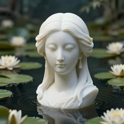 cinematic 3 d portrait of a white porcelain woman's head and shoulders floating in a pond, surrounded by a forrest of lillies, deep focus, intricate, elegant, highly detailed, matte, sharp focus, by james jean and kim jung gi