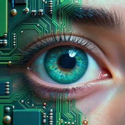 closeup of an eye made of computer circuits, greens and blues, sharp focus