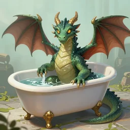 a dragon in a bathtub, digital art, fantasy art, by ruth bernard