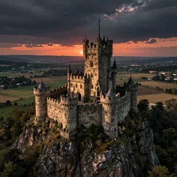 Castle on the edge of a cliff with a lot of fields outside the caste. walls, dystopia, dark atmosphere, sunset, bird view, high detail