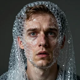 portrait of a man who's face is made of bubble wrap plastic, he looks terrified, realistic photoshop