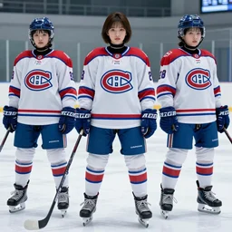 females akira anime cyberpunk super star ice hockey players, wearing a light futuristic habs jersey, blue white and red color blocking, character concept exploration, outfit designs, trending on artstation, photorealistic, 8k
