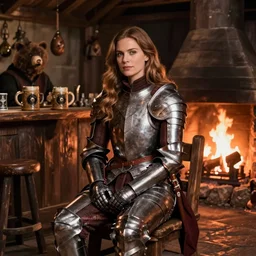 kate beckinsale weared in full plate armor, sit in fantasy tavern near fireplace, behind bar deck with bear mugs, medieval dnd, by Viko Menezes