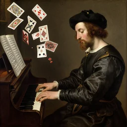 a renaissance painting of a man playing piano with playing cards floating in the air