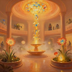 a minimalist oil painting by donato giancola, warm coloured, cinematic scifi bioluminescent luxurious futuristic foggy steam filled art deco garden circular shopping mall interior with microscopy minimalist stained glass flowers growing out of pretty bulbous ceramic fountains, gigantic pillars and flowers, maschinen krieger, beeple, star trek, star wars, ilm, star citizen