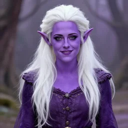 Purple skinned Kristen Stewart as a smiling Elf wizard. Smooth purple skin! + purple skin Photorealistic digital art trending on artstation, artgem, [white white white hair] 4k HD.