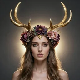beautiful female character inspired by iceland and floral headdress pagan wiccan viking gold veined antlers headdress face only | | digital artwork made by greg rutswork, anna dittmann and lois van barlee, symmetrical rim light, anatomically correct