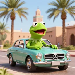 photo of a kermit the frog driving a mercedes in marrakech, morocco, palm trees, 8 k, octane render, hyperdetailed