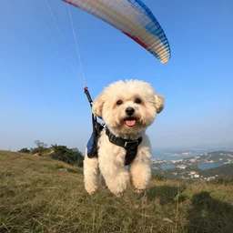 a cream-colored havanese paragliding, gopro photo, 4k