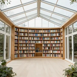 beautiful large home library in a glass conservatory, elegant, interior design