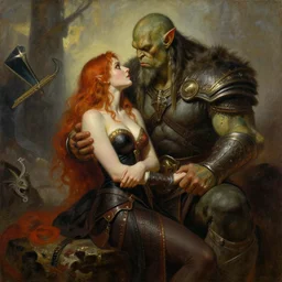 attractive fully clothed arthas menethil confesses his love for his attractive fully clothed thrall the orc warchief. highly detailed painting by gaston bussiere and j. c. leyendecker 8 k