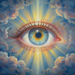 a painting of a giant eye in a cloudy sky, god rays, beautiful colors, surrealism, visionary art, fractals, design by alex gray, matte painting, art by christophe vacher
