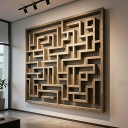 : pattern maze sculpture art on the wall in modern architecture studio, cinematic lighting, hyper - realistic, detailed, render by c 4 d octane, unreal engine, 8 k 3 d render