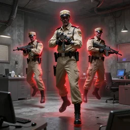 zombie police security guard officers ( beige uniform and caps ) ( floating in red spectral aura ) wield uzis in ( brutalist concrete gray office ) trending on artstation high detail concept art digital painting 4 k 8 k hd