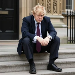 Photo of Boris Johnson as  a tramp sitting on the steps of Westminster