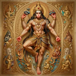 a full body centered!!!!!!!!! portrait of a beautiful ornated hanuman god, leaping across the picture, intricate, elegant, highly detailed, digital painting, artstation, concept art, smooth, sharp focus, colored illustration for tattoo, art by krenz cushart and artem demura and alphonse mucha