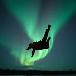 man falling from the sky, northern lights, film still, cinematic lens, realistic